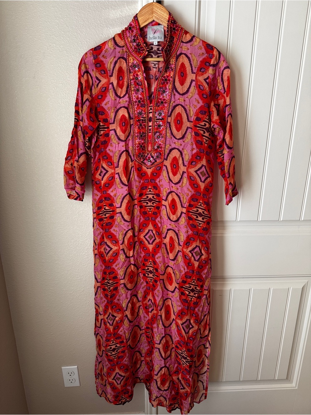 Bella Tu Womens Medium Beaded Embroidered Midi Dress Boho Pink Orange Tunic